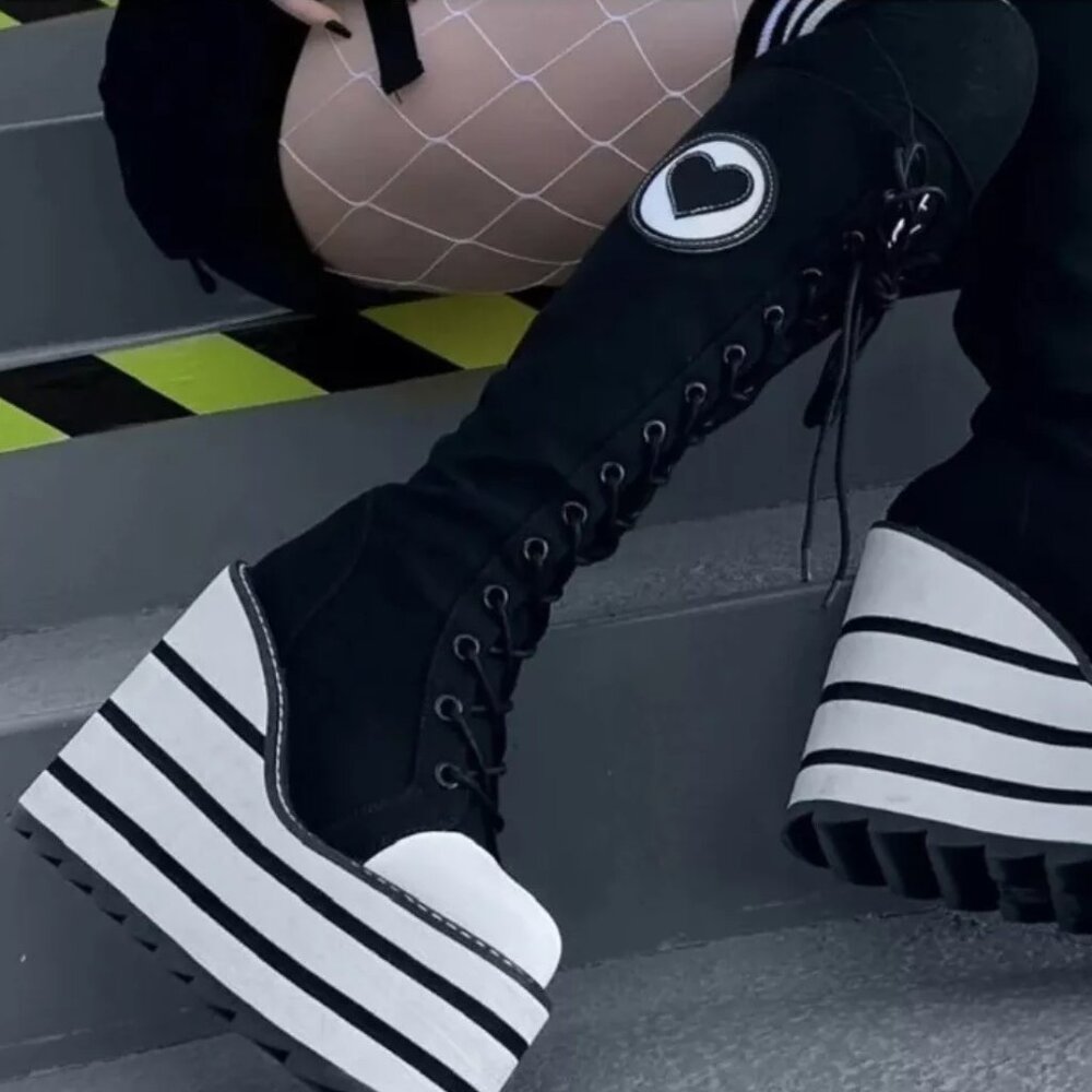Y.R.U  Black/white Knee High Heeled Sneakers